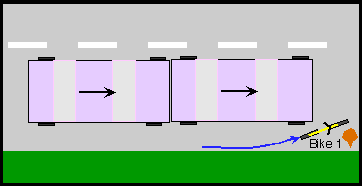 Bicycle swerving unsuccessfully to avoid potholes